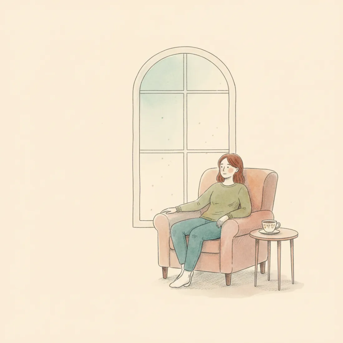 Illustration of a young adult sitting calmly by a window