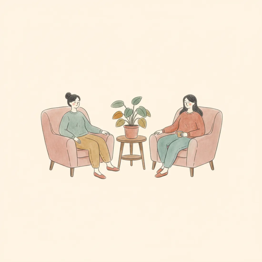 Illustration of two people sitting in armchairs facing each other