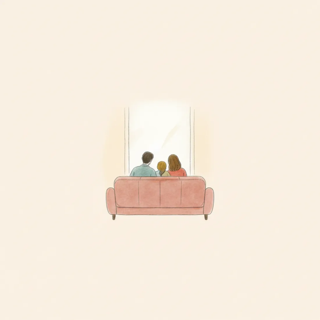 Illustration of a family sitting close together looking toward a bright window