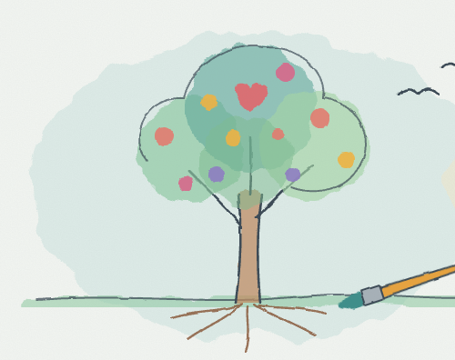 A hand-painted watercolour tree with coloured fruit and a paintbrush at its roots